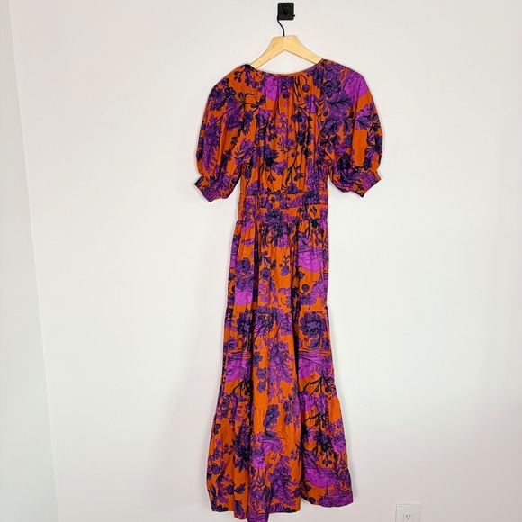 Anthropologie Somerset Floral Puff Sleeve Tiered Maxi Dress Orange Purple S Boho - Picture 9 of 11